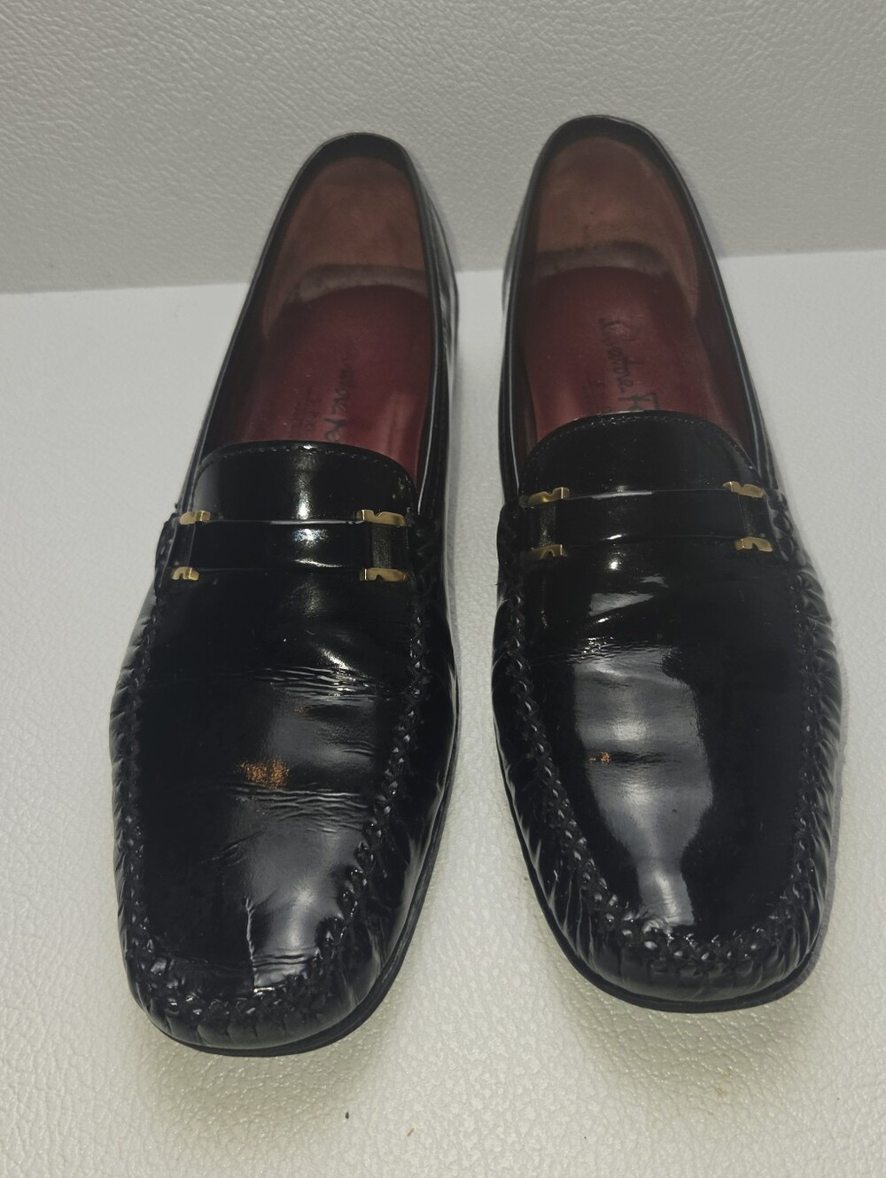 Salvatore Ferragamo Loafers 7.5 AA Narrow Black Patent Sport Driver Flats Italy
